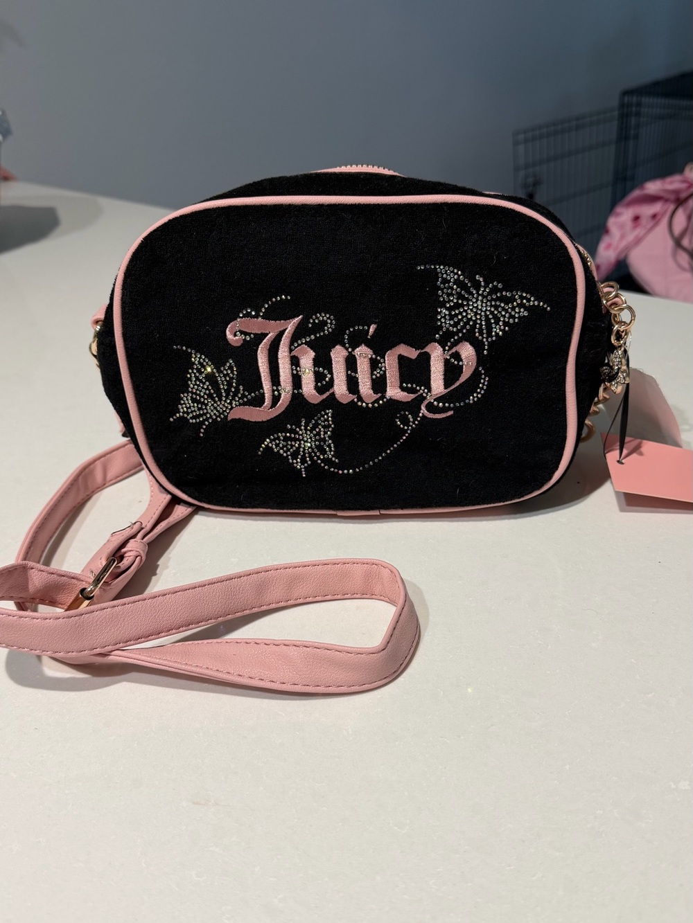 Juicy Couture Black with Pink Trim Rhinestone Logo Crossbody